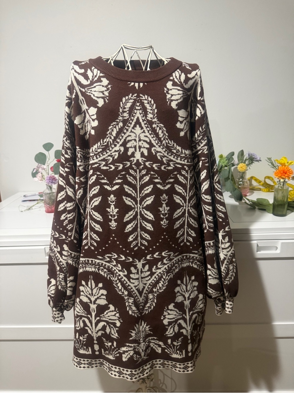 Flying Tomato Cream and Brown Floral Knit Midi Dress